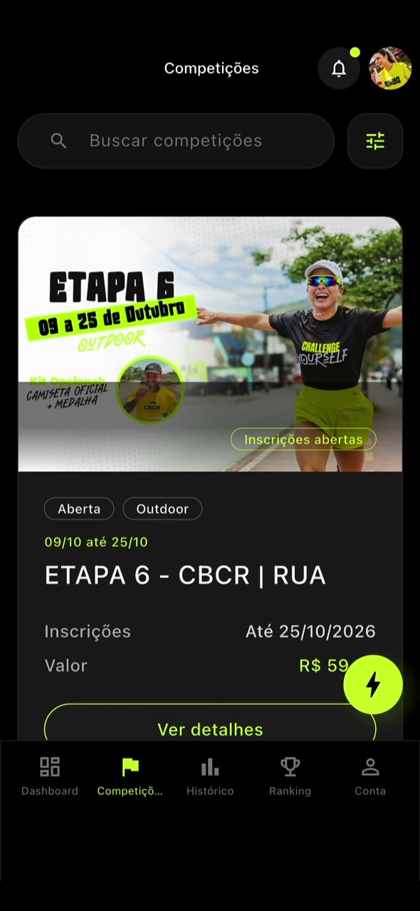 Tela de competições do app RunLab